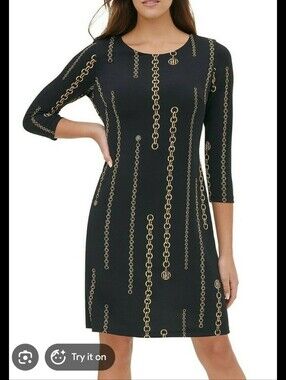 Tommy Hilfiger Black Dress with Gold Chain Print, 3/4 Sleeve